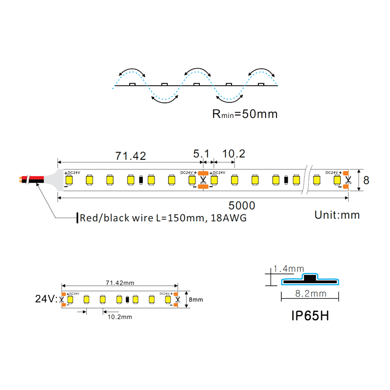 Вологозахищена світлодіодна стрічка Ustrip LED98-2835-W40-24V-10W-IP65H денна - Зображення 4