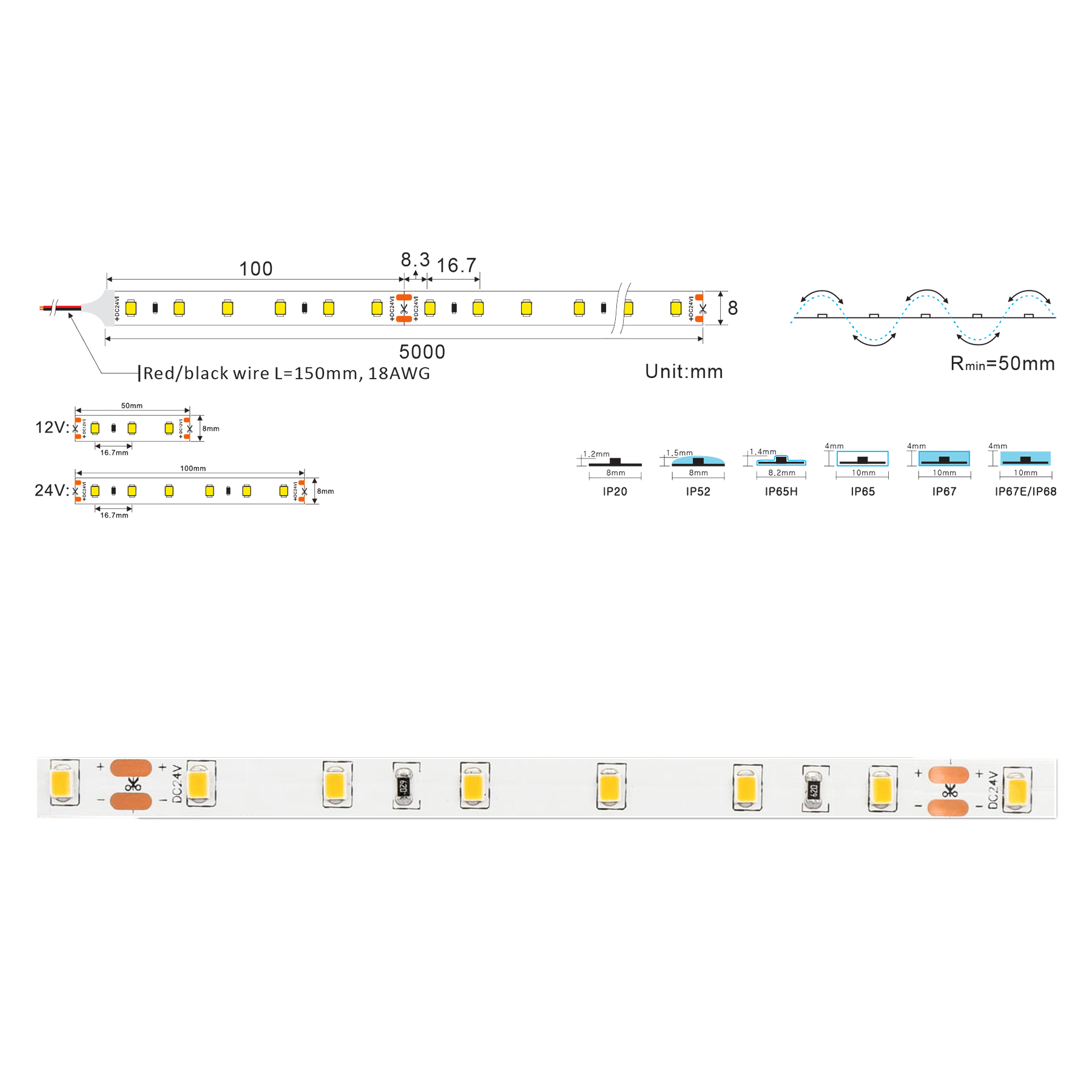 Світлодіодна стрічка Ustrip LED60-2835-W30-24V-12W теплий білий - Зображення 6