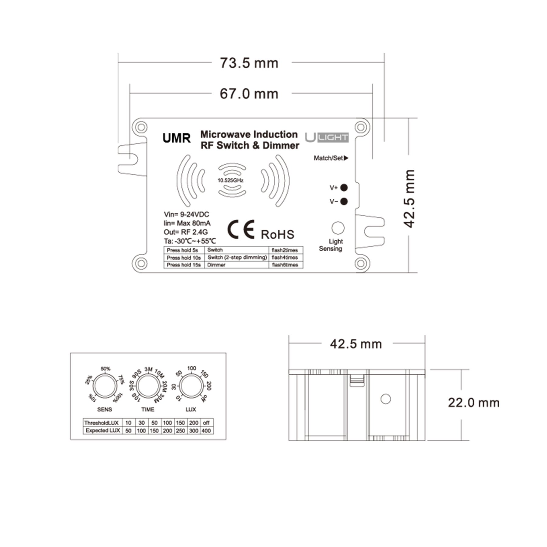 Usmart Sensor Microwave UMR (RF+Dim+DC 9-24V) Мікрохвильовий датчик руху та освітленості - Зображення 6