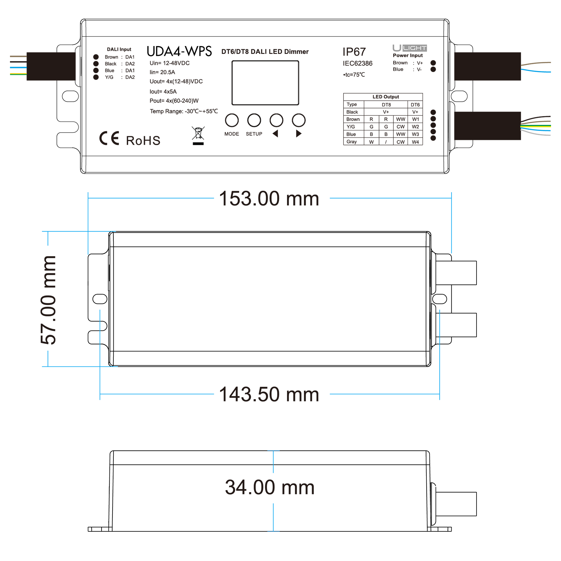 Usmart UDA4-WPS Універсальний захищений димер DALI DT6/DT8 для білих, RGB(W) та MIX світлодіодних стрічок - Зображення 4