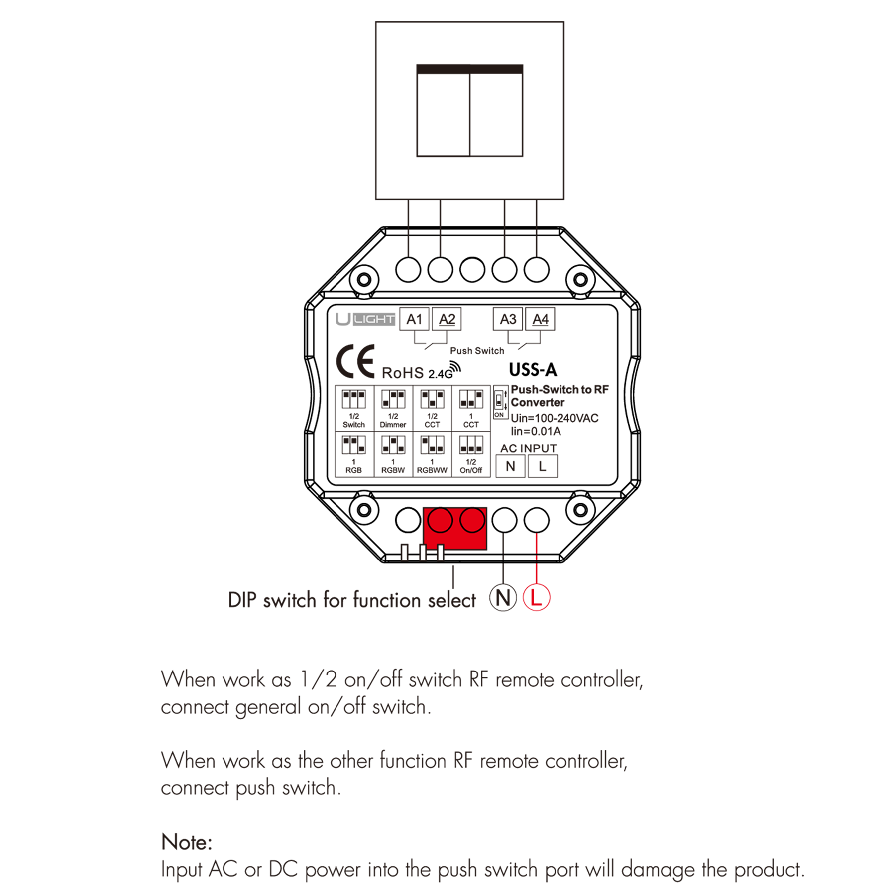 Usmart USS-A - RF Багатофункціональний конвертер для дзвінкової кнопки DIM, CCT, RGB, RGBW, RGB+CCT - Зображення 6