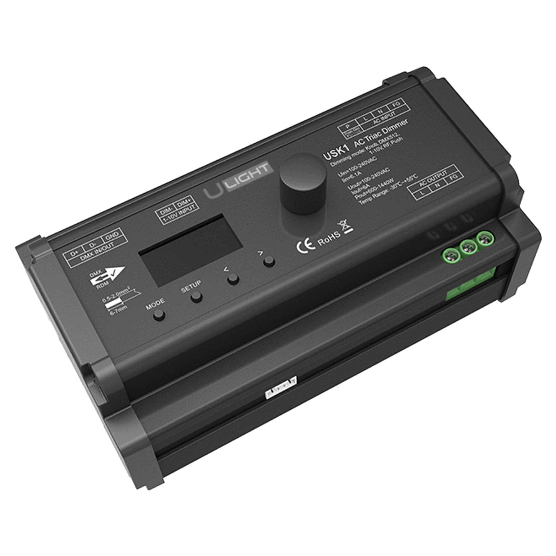Usmart USK1 Універсальний Triac дімер 230В на DIN-рейку Push-Dim, 0/1-10 В, DMX512, RF 2.4G