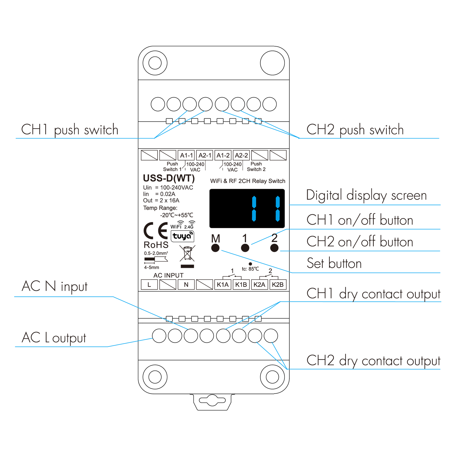 Usmart USS-D(WT) - WiFi+RF+Push Розумний двоканальний перемикач AC 100-240V з підтримкою WiFi, RF та Push-способу управління. - Зображення 8